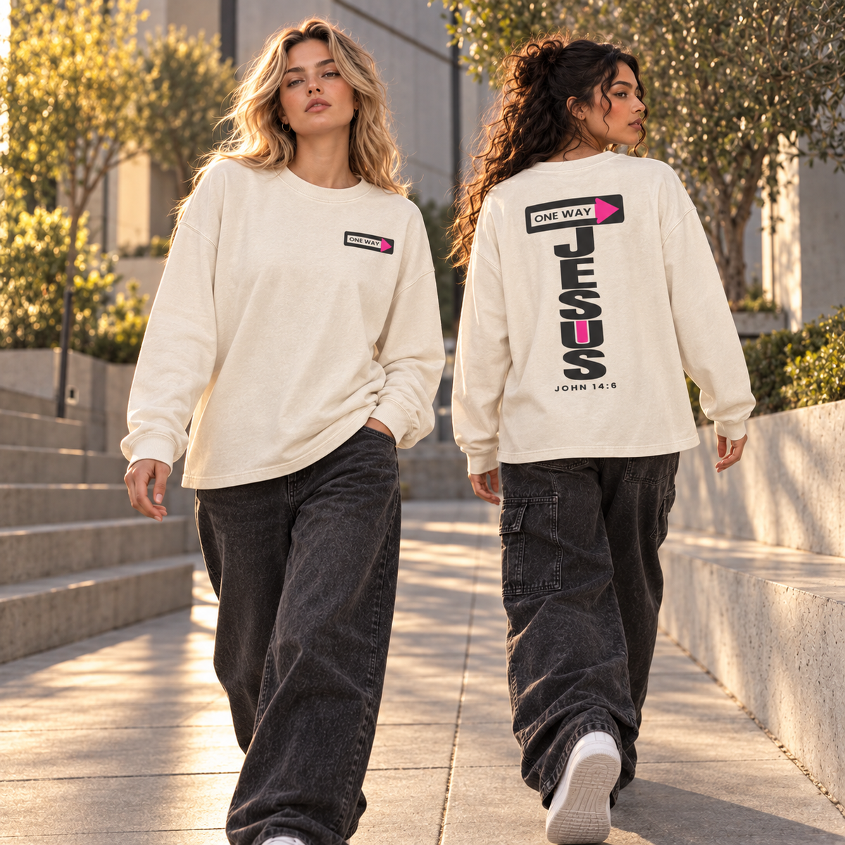 JESUS ONE WAY | SUNFADE BOXY LONG-SLEEVE TEE