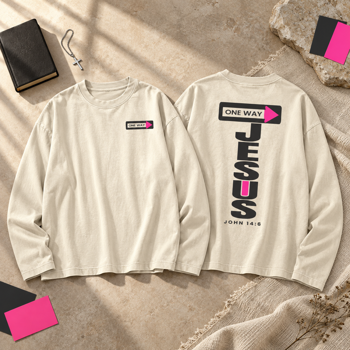 JESUS ONE WAY | SUNFADE BOXY LONG-SLEEVE TEE