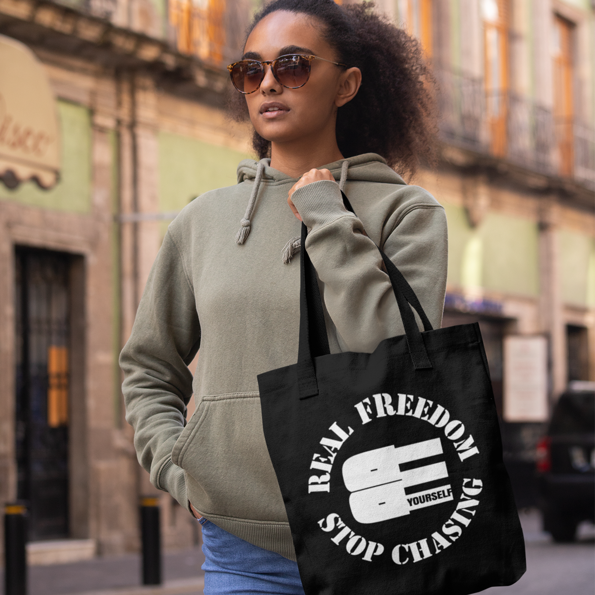 BE - Real Freedom Stop Chasing | Premium Black Tote Bag | JacoderFaithwear