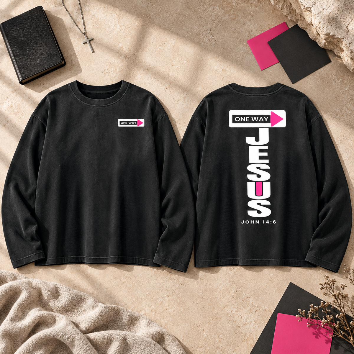 JESUS ONE WAY | SUNFADE BOXY LONG-SLEEVE TEE