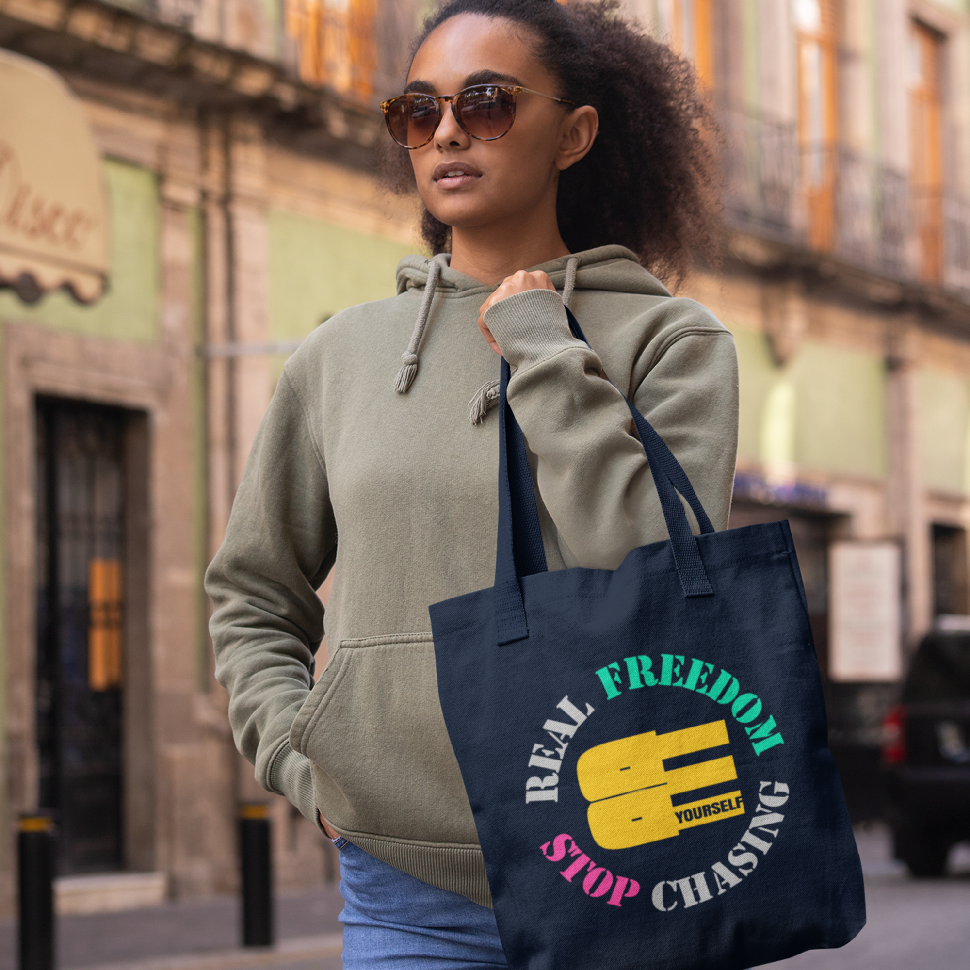 BE - Real Freedom Stop Chasing | Premium Navy Tote Bag | JacoderFaithwear